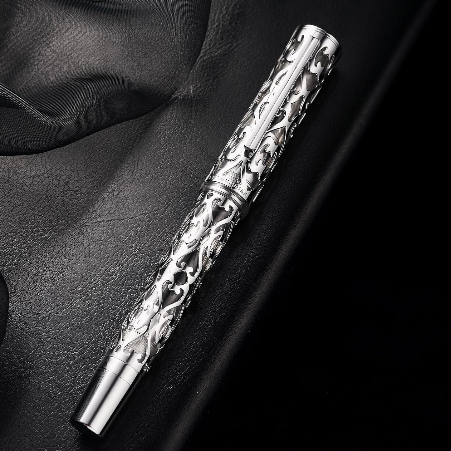 HONG DIAN D1 Piston Fountain Pen Fine Nib, Hollow Skeleton & Resin with Metal Case Set (Silver)