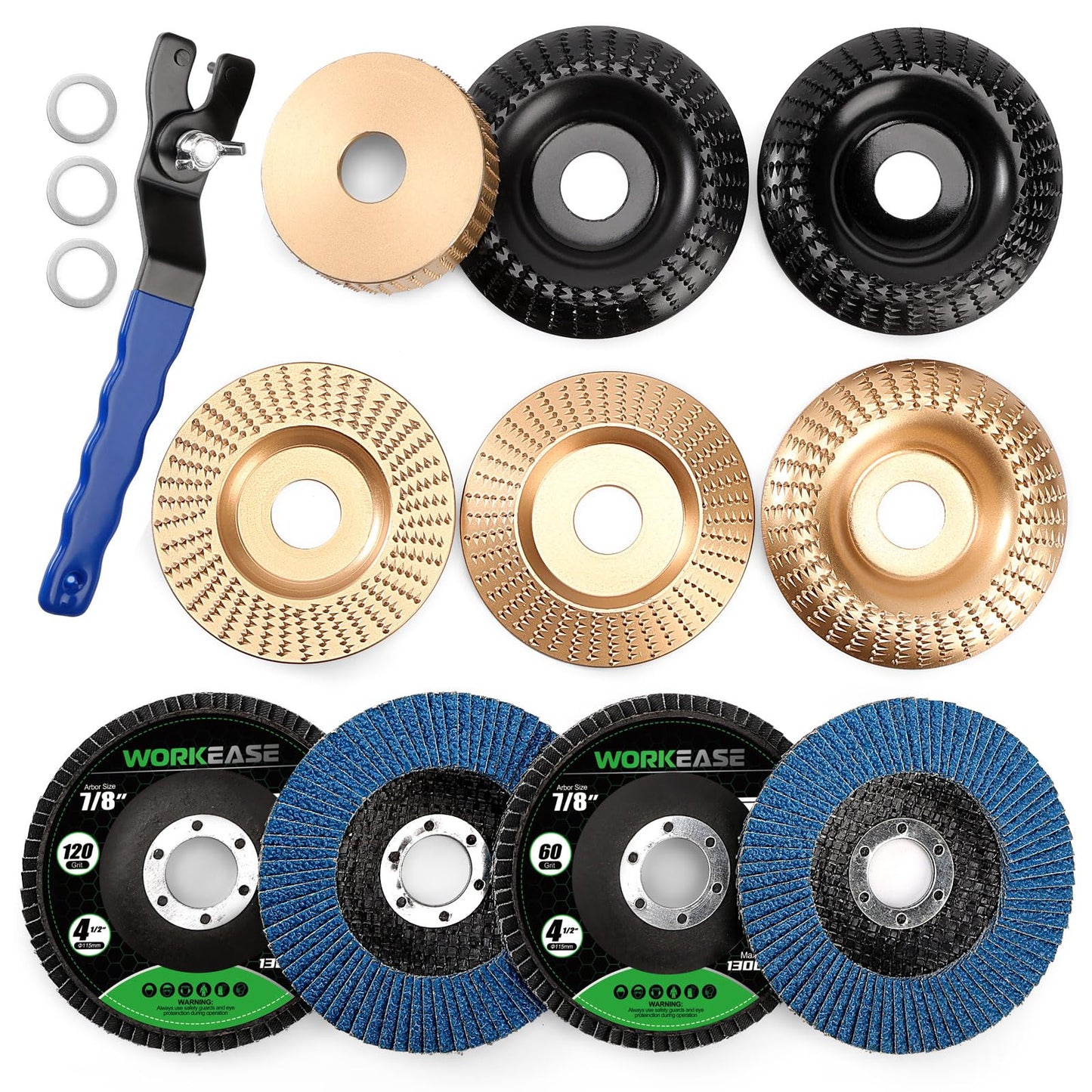 14pcs Wood Carving Disc Set for 4 in 4.5 in Angle Grinder, Woodworking Grinding Wheels Kit with 7/8"-5/8" Arbor for Quick Rough Cutting Shaping Sanding Polishing