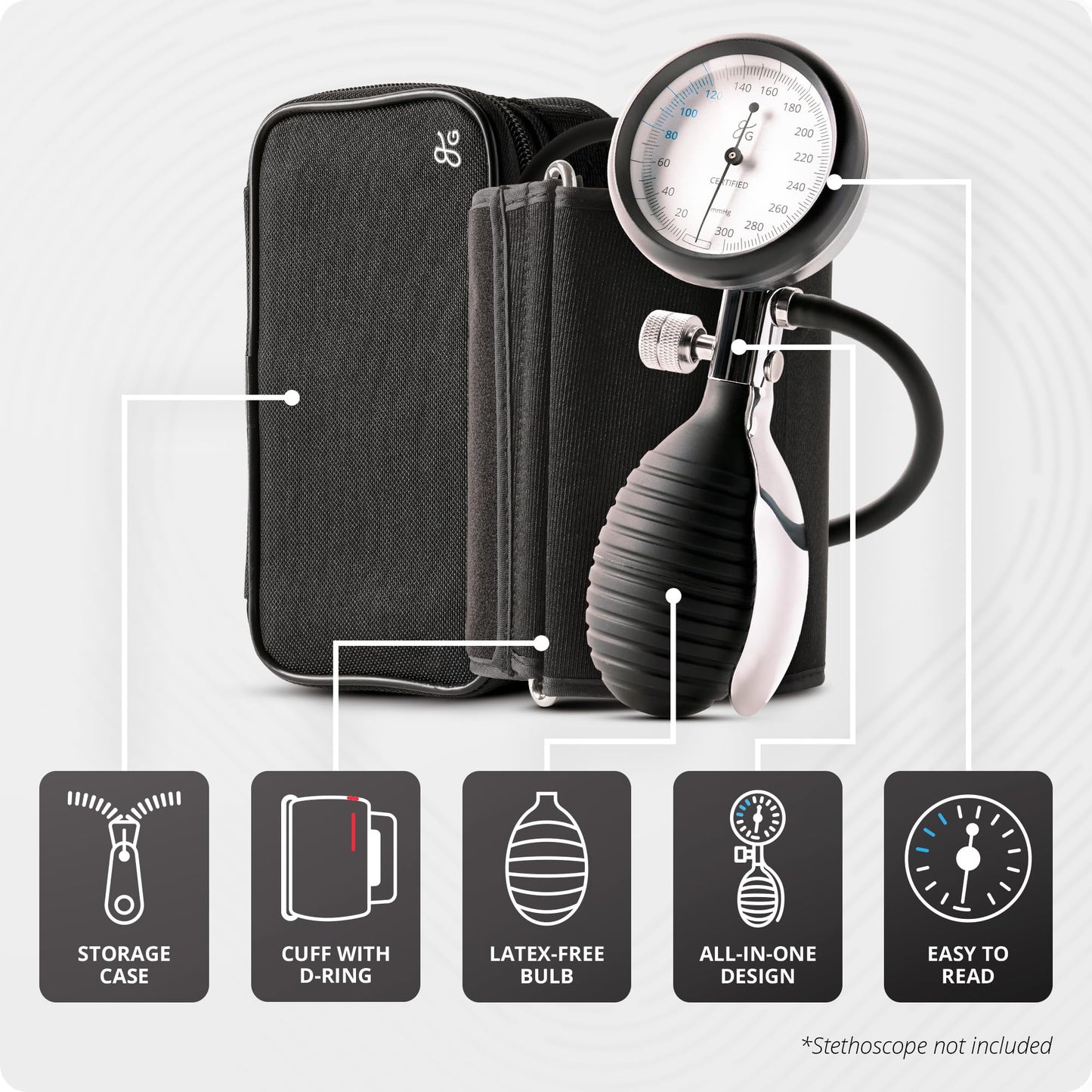Greater Goods Sphygmomanometer – Adult Manual Blood Pressure Cuff, Wide-Range Fit (8.7”–16.5”), Latex-Free, for Nursing Students & Home Use, Portable BP Cuff with Carrying Case (Onyx Black)