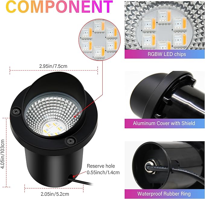 Christmas Outdoor Landscape Lighting RGBW Spotlight,Color Changing Outdoor Ground Light,IP67 Waterproof Pathway Lights,2 Pack Low Voltage LED In-Ground Light for Pathway Garden Yard Fence Deck