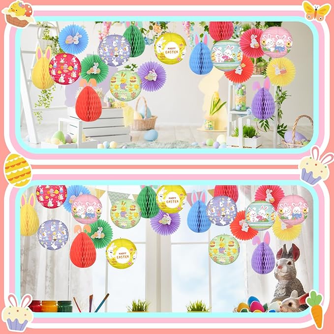 Retisee 18 Pcs Easter Party Decoration Easter Honeycomb Decorations Hanging Pastel Paper Lanterns Bunny Paper Fans for Ceiling Tree Spring Party Classroom Decoration