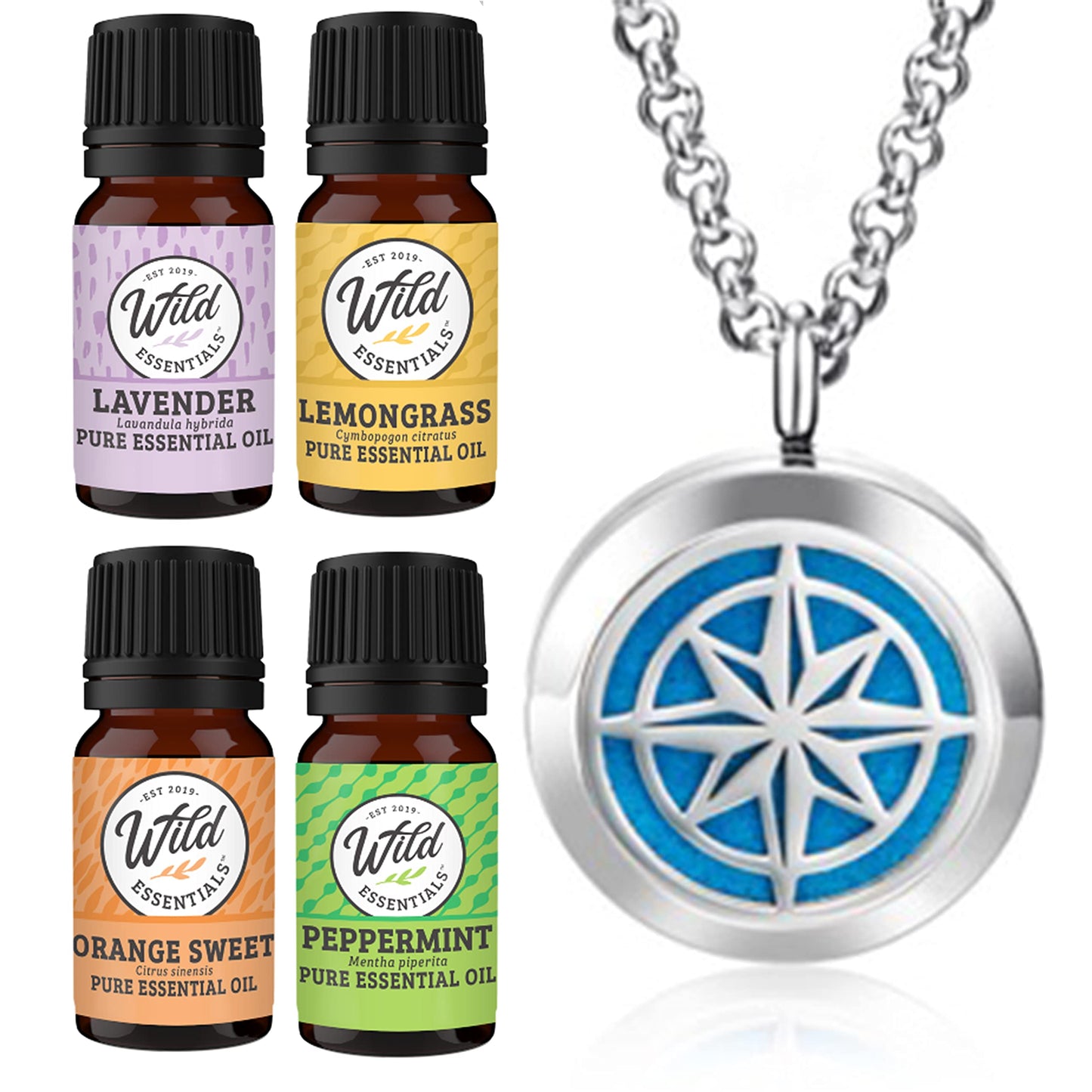 Wild Essentials Nautical Star Necklace Essential Oil Diffuser Kit, Lavender, Lemongrass, Peppermint, Orange Oils, 12 Refill Pads, Calming Aromatherapy Gift Set, Customizable Color Changing, Perfume