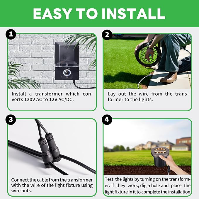 Landscape Well Light Kit, 8 Pack Low Voltage In Ground Lights and 100W Transformer and 100FT Cable and 30 Wire Connectors, IP67 Waterproof Outdoor, Grill Top Aluminum for Path Tree