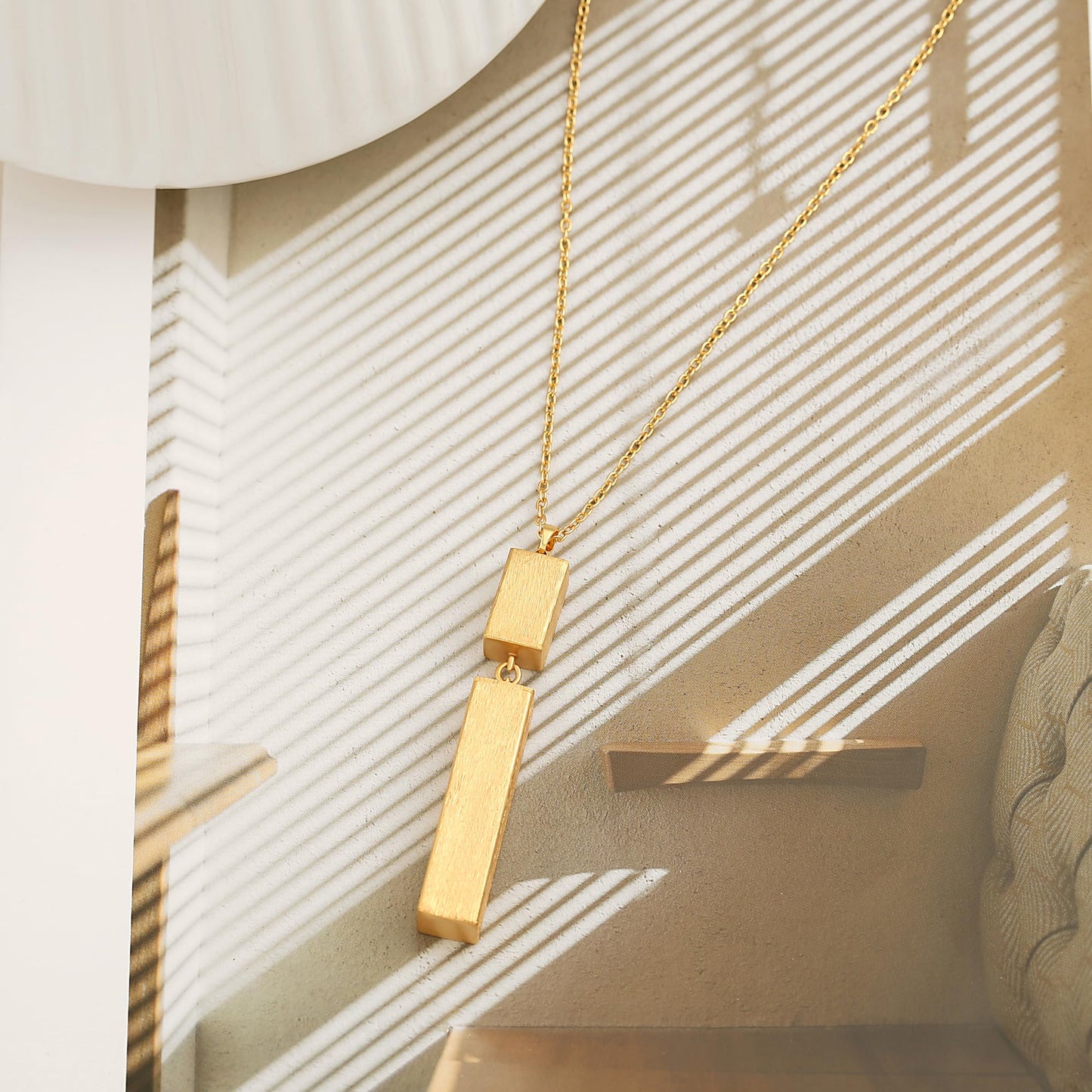 Long Gold Necklace for Women 18K Gold Plated Double Block Pendant Trendy Chain Jewelry