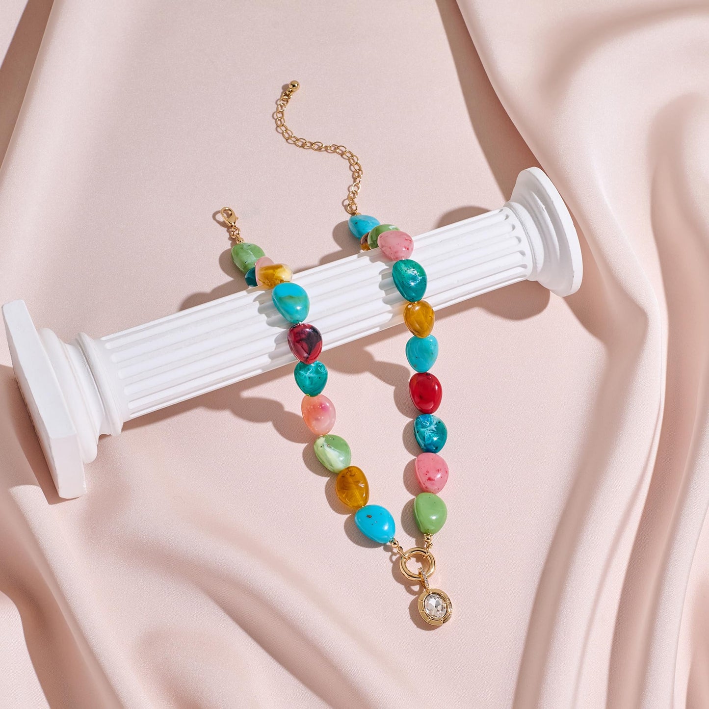 RepaTime Boho Colorful Acrylic Beaded Necklace for Women, Dainty Gold Plated Chunky Necklace with Cubic Zirconia Pendant, Statement Resin Bead Choker Necklace, Summer Beach Jewelry Gift for Her