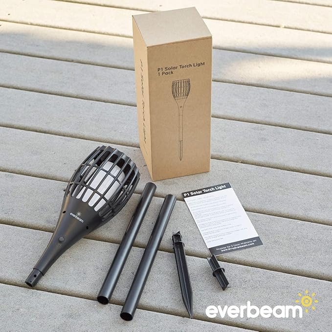 Everbeam P1 Solar Torch Light with Flickering Flame - Our Waterproof Outdoor Solar Tiki Torches Come Equipped with 96 LED Bulbs That Create A Stunning Realistic Fire Effect - 4 Pack