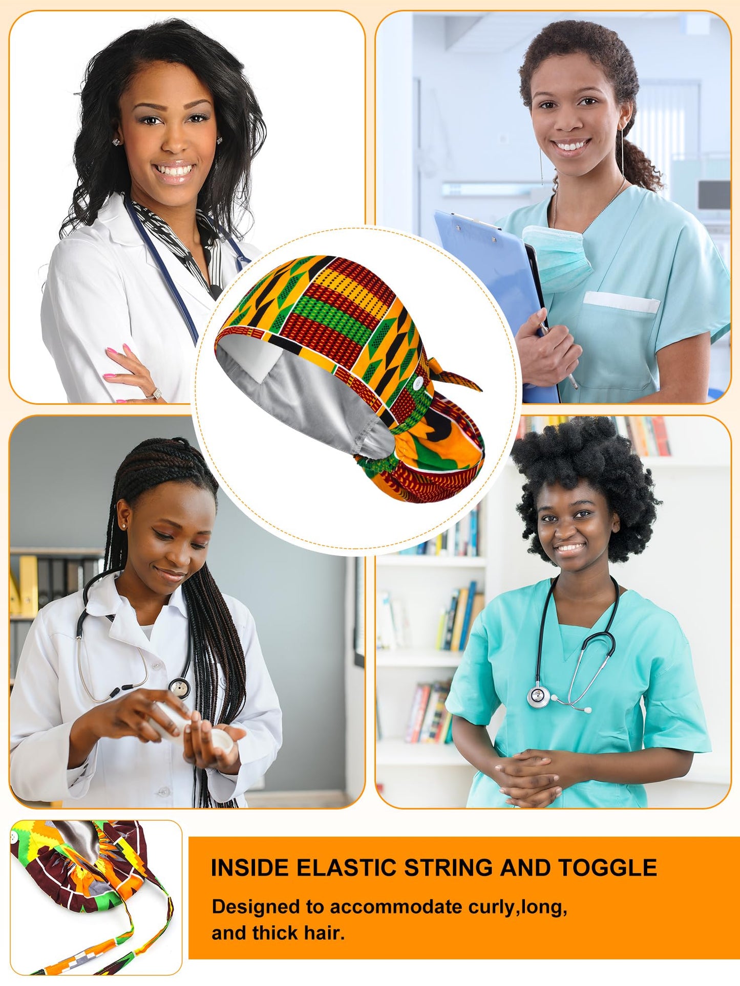 Floraltop 6 Pcs Satin Lined Scrub Caps Women Nurse Surgical Hat with Buttons Ponytail Working Adjustable Shower Caps Tie Back(African Style)