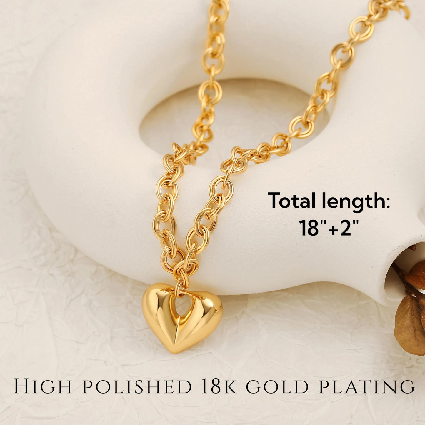 PEARLADA Chunky Gold Plated Heart Necklace for Women, Y2K Statement Necklace with Puffy Heart Pendant, Trendy Thick Gold Plated Chain Jewelry Adjustable