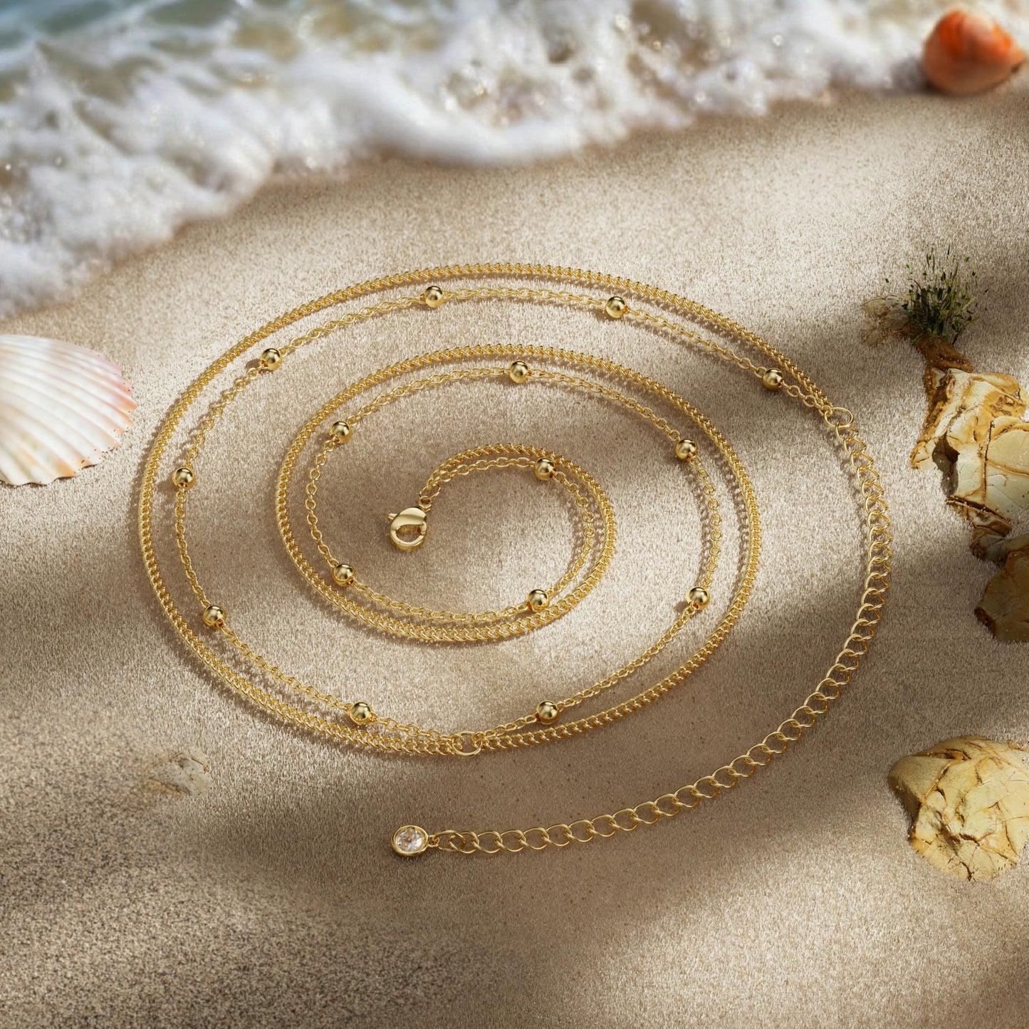 MOODEAR 14K Gold Plated Waist Chain for Women – Double Layered Belly Bead Body Chain Belt, Cuban Spacer Beads Design, Waterproof Summer Beach Jewelry for Bikini, Dress & Vacation