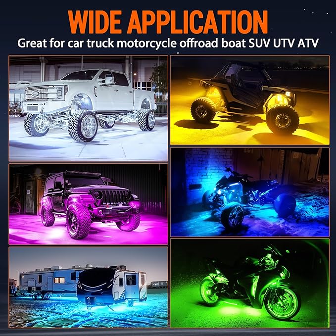 RGB Rock Lights, 8 pods Underglow Neon Lights Kits,APP/RF Remote Control & Music Mode, Waterproof Wireless Multicolor Lamps for Off Road Truck SUV ATV UTV Boat