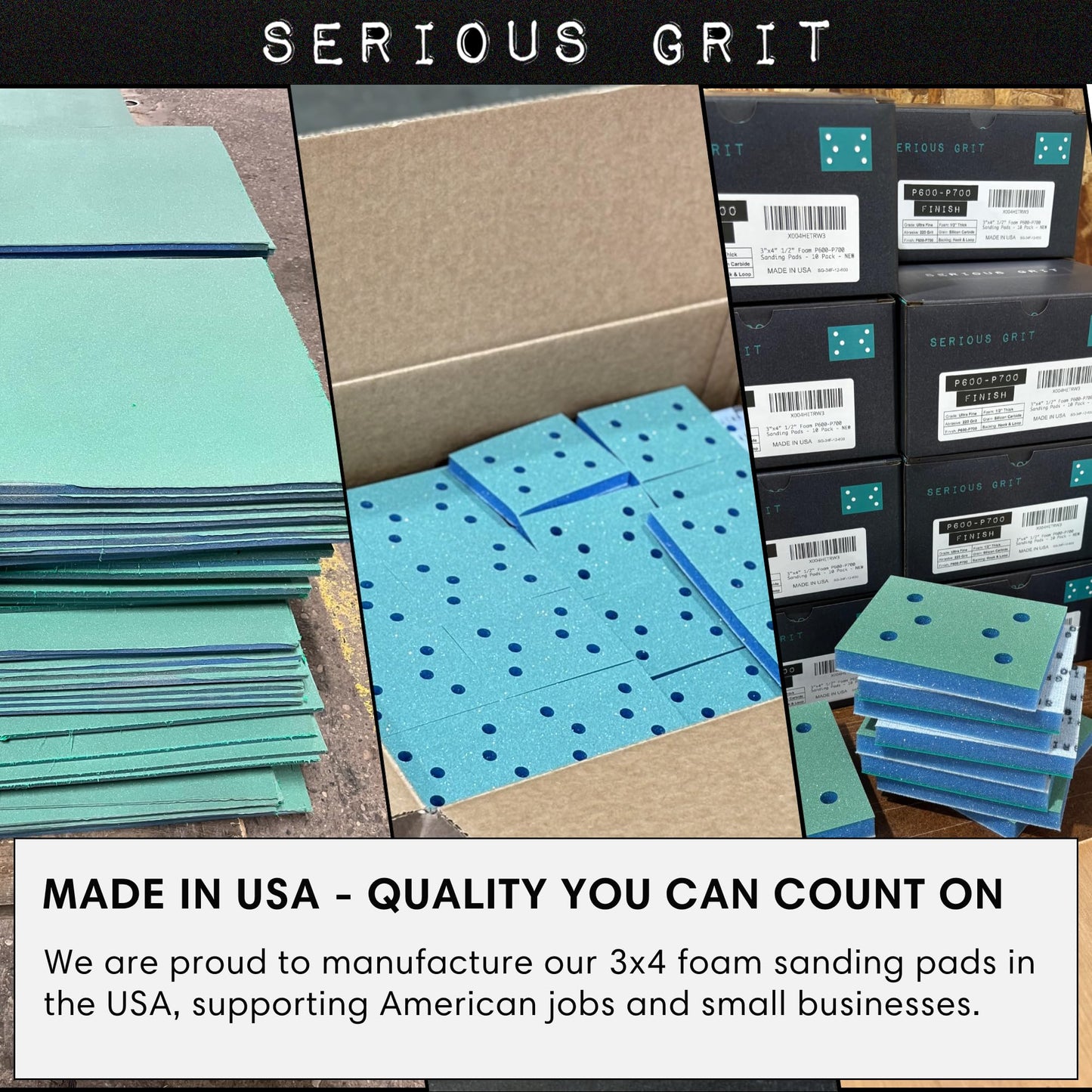 Serious Grit - 3" x 5" (80x133mm) Foam Sanding Pads - P120-600 Assorted Finish Grit - 1/2" Thick Low Density Foam - Hook & Loop - Fits Festool RTS 400 & Mirka DEOS 3x5 Sanders – Made in USA – 10 Pack