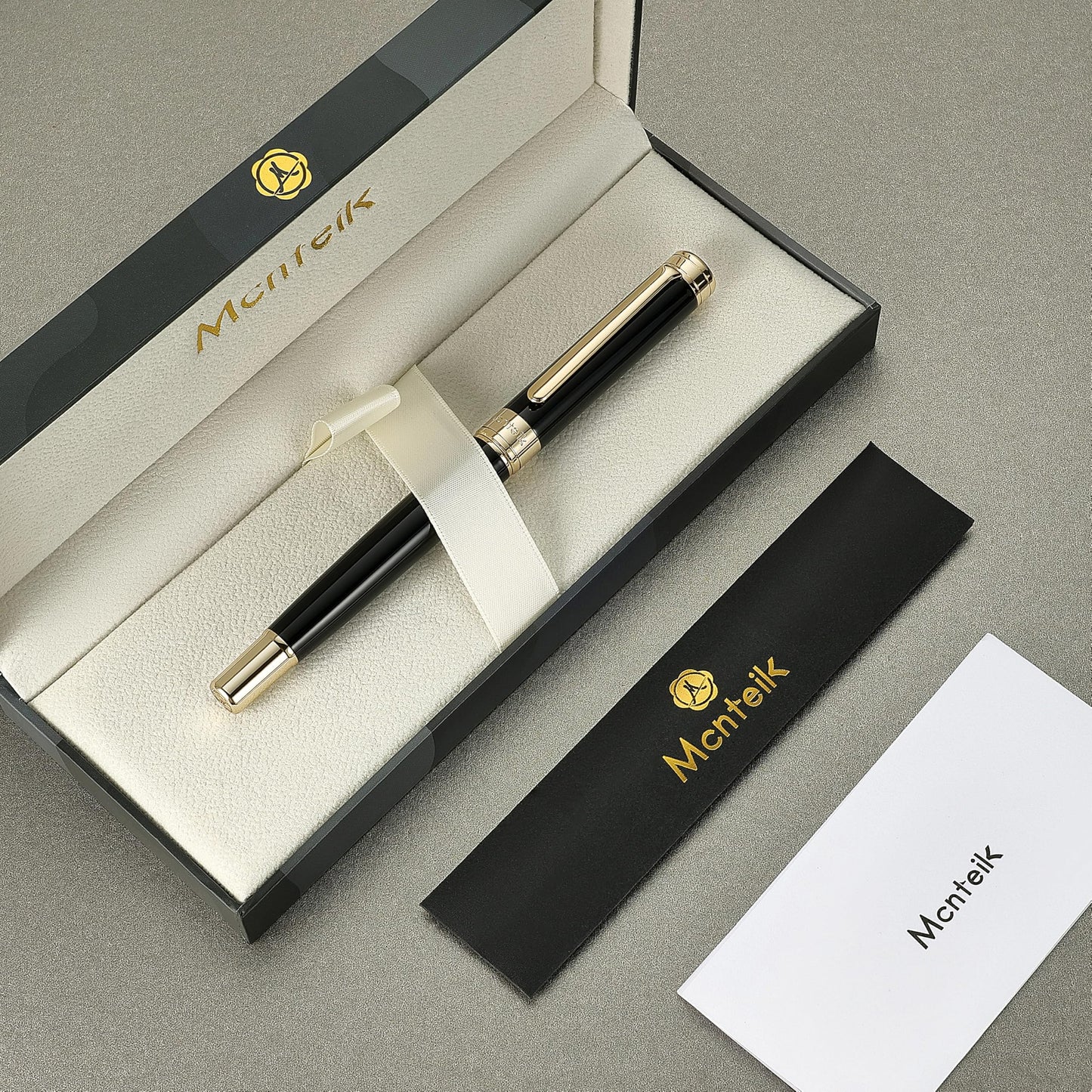 MCNTEIK Black Lacquer Rollerball Pen - Stunning Luxury Pen, 24K Gold Plating, Schmidt Refill, Precision Flow Ink, Best Roller Ball Gift Set for Men & Women, Professional, Executive Fancy, Nice Pens