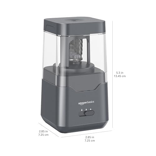 Amazon Basics Portable Electric Pencil Sharpener, Easy to Use, Versatile, Helical Blade, Auto Stop, Battery/USB Cord Operated, Black, 2.87 x 2.87 x 5.3 in