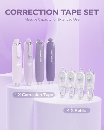 Office Accessories,Refillable Retractable White Correction Tape, 4PCS Smooth White Pull-Out Tape with 4 Extra Refills, Easy to Use for Instant Corrections for Office, School Supplies (Purple)