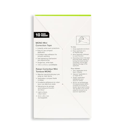 Tombow 68722 MONO Mini Correction Tape Easy to Use Applicator for Instant Corrections,Clear, 10-Pack