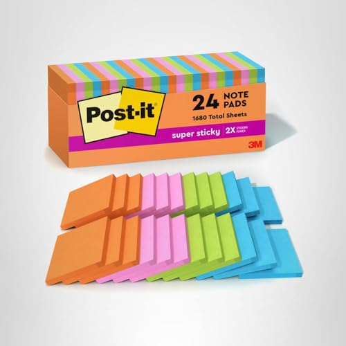 Post-it Super Sticky Notes, 24 Sticky Note Pads, 3 x 3 in., School Supplies, Office Products, Sticky Notes for Vertical Surfaces, Monitors, Walls and Windows, Energy Boost Collection
