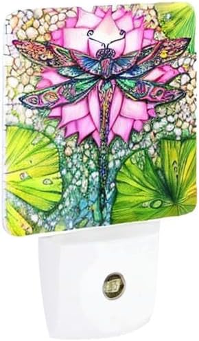 Dragonfly And lotus flower Plug-in LED Night Light,Smart Auto Dusk to Dawn Sensor Nightlights Plug into Wall,White Energy Efficient Night light for Kids Bedroom,Bathroom,Kitchen,Stairs,Hallway