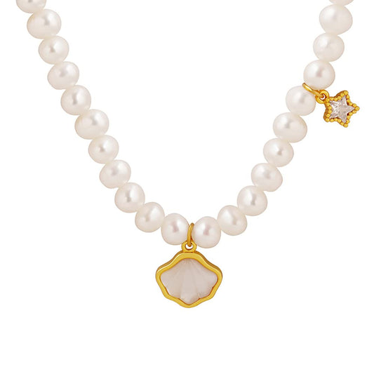 18K Gold Beaded Pearl Choker Necklace for Women,Freshwater Cultured Pearl Shell Shape Pendant Necklaces,Fashion Jewelry Gift for Her (Style 3, 18K Gold)