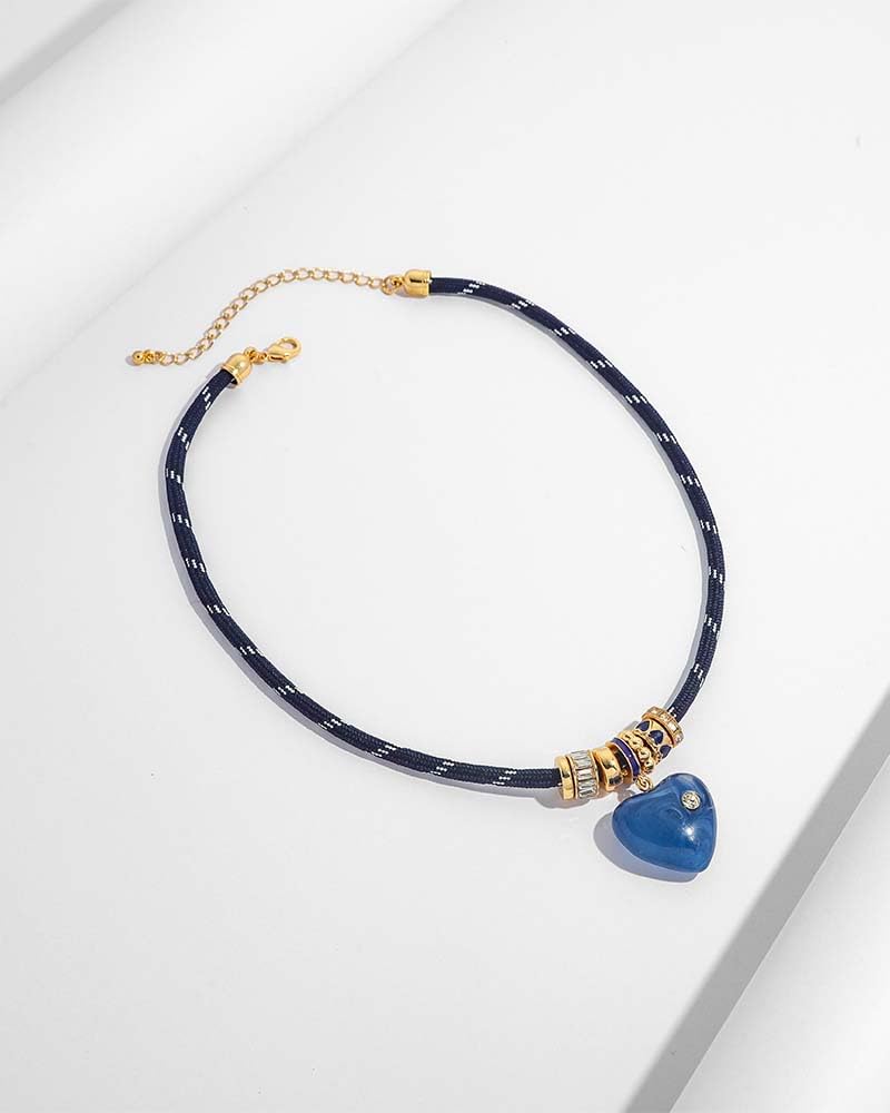 MYCUTEY Navy Blue Heart Necklace for Women Adjustable Blue Cord Choker with Gold Plated Beaded Statement Heart Pendant Rope Charm Necklace Trendy Summer Lapis Lazuli Jewelry Gifts