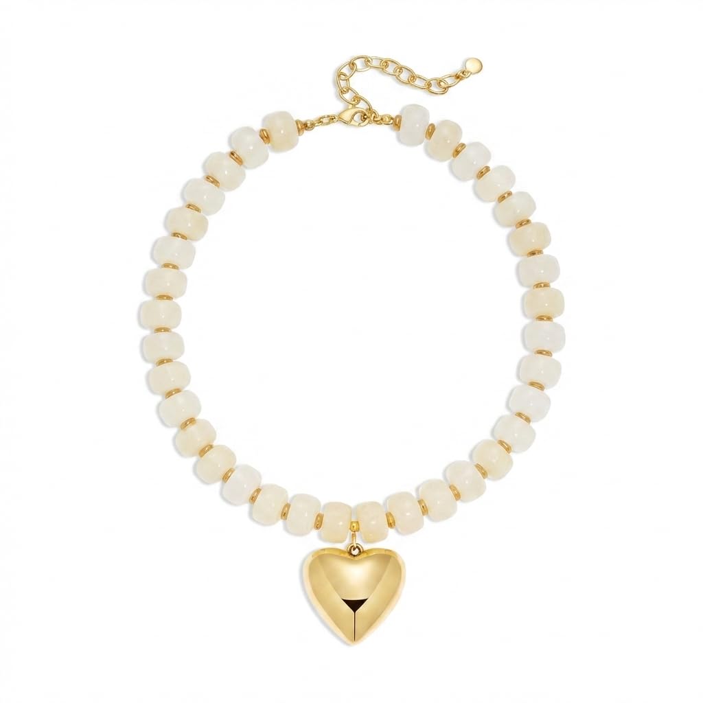 Frigotine Cream White Chunky Heart Necklace for Women, Elegant Resin Beaded Choker with Gold Puffy Heart, Adjustable Vintage Boho Statement Jewelry Gift