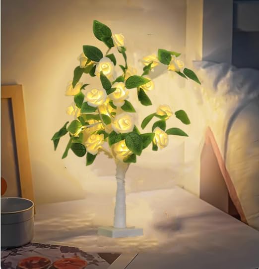21.6Inch Rose Flower Tree Light for Tabletop,Mini Light up Tree Bonsai Tree with White Rose Flower Warm White LEDs, Decorative Tree Lamp for Fireplace Bedroom Wedding Party,Gifts for Valentine Day