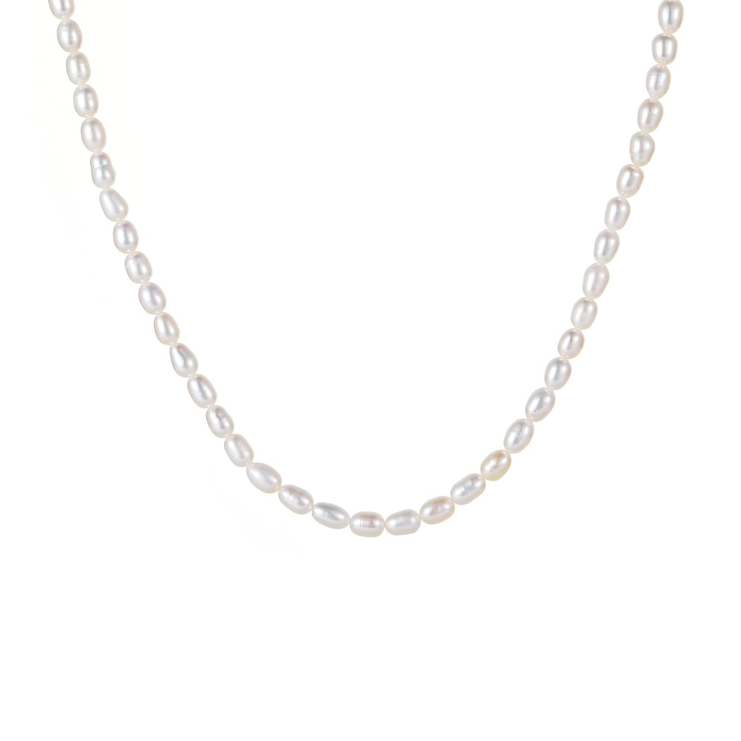 JaruJaru 4mm Handmade Rice Pearl Necklace for Women, Small Oval Freshwater Pearl Strand, Essential Minimalist Jewelry, 16-18 Inch Adjustable