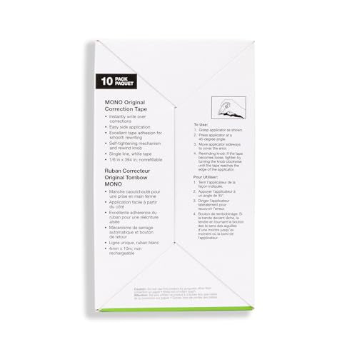 Tombow 68720 MONO Original Correction Tape, 10-Pack. Easy To Use Applicator for Instant Corrections, White, 10 Count (Pack of 1)