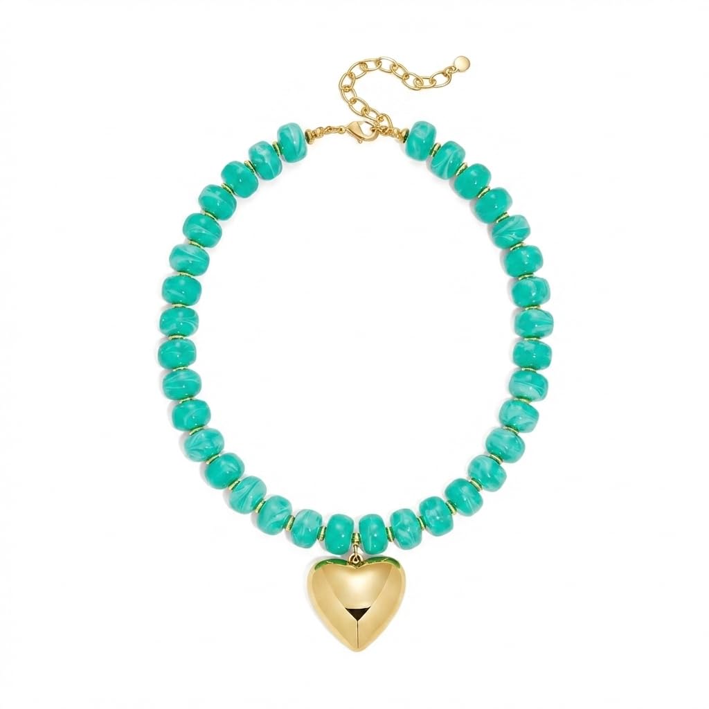 Frigotine Chunky Heart Necklace for Women, Blue Acrylic Resin Beaded Choker with Gold Puffy Heart Pendant, Y2K Boho Statement Jewelry Gift