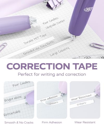 Office Accessories,Refillable Retractable White Correction Tape, 4PCS Smooth White Pull-Out Tape with 4 Extra Refills, Easy to Use for Instant Corrections for Office, School Supplies (Purple)