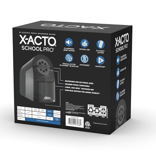 X-ACTO Pencil Sharpener, School Pro Electric Pencil Sharpener, With Six Size Dial, XL Shavings Bin, Black, 1 Count - Heavy Duty, Teacher and School Supplies