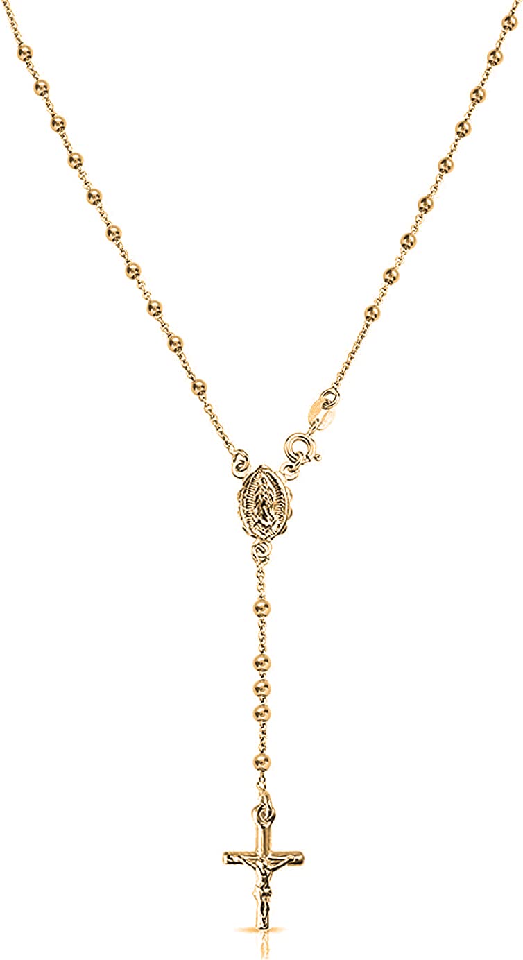 Savlano 925 Sterling Silver Italian Solid Bead Chain Cross & Rosary Virgin Mary Pendant -18K Gold Plated Y Necklace Comes With Gift Box for Women - Made in Italy (18, 3mm)