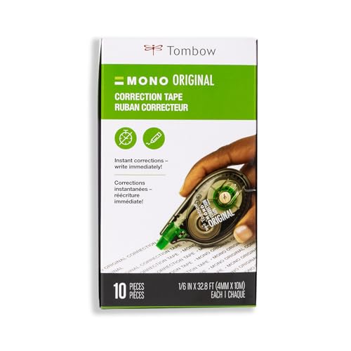 Tombow 68720 MONO Original Correction Tape, 10-Pack. Easy To Use Applicator for Instant Corrections, White, 10 Count (Pack of 1)