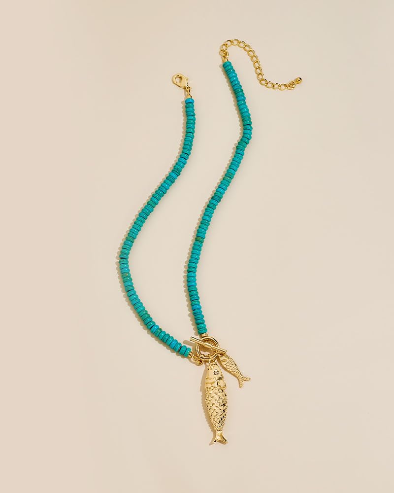 MYCUTEY Gold Fish Necklace For Women Vintage-inspired Turquoise Strand Toggle Necklace With 2 Chunky Gold Fish Pendants Dainty Summer Beach Jewelry