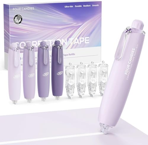Office Accessories,Refillable Retractable White Correction Tape, 4PCS Smooth White Pull-Out Tape with 4 Extra Refills, Easy to Use for Instant Corrections for Office, School Supplies (Purple)