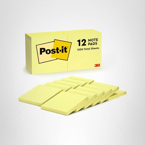 Post-it Notes 3x3 in, 12 Pads, America's #1 Favorite Sticky Notes, Canary Yellow, Clean Removal, Recyclable (654)