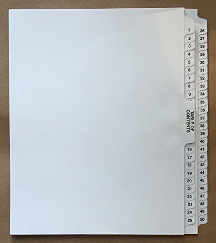 Exhibitindexes® Numbered Divider 1-50 Un-Punched - AVE Style Bold Tab - Side Collated Exhibit Tabs - Made in The USA | Letter Size - 1-50 - Sets Not Punched