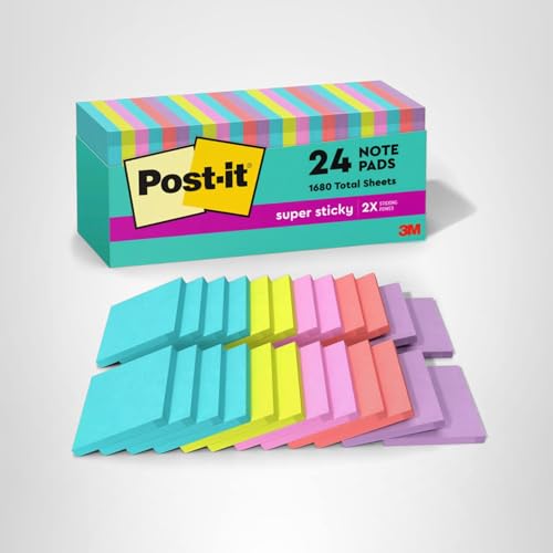 Post-it Super Sticky Notes, 24 Sticky Note Pads, 3 x 3 in., School Supplies, Office Products, 2X the Sticking Power, Supernova Neons Collection