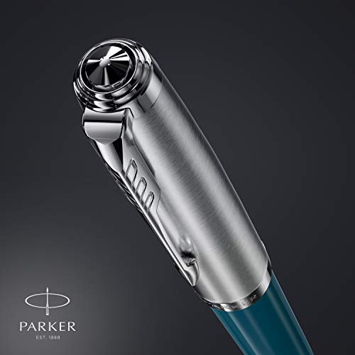 Parker 51 Fountain Pen Teal Blue Barrel with Chrome Trim Fine Nib with Black Ink Cartridge Gift Box