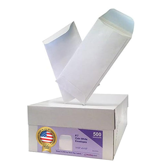 NextDayLabels #7 Coin Envelopes - 500-Pack White Gummed Money Envelopes for Cash, Coins, Jewelry, or Small Parts - Durable White Paper Cash for Home, Office, or Business Use - Made in USA