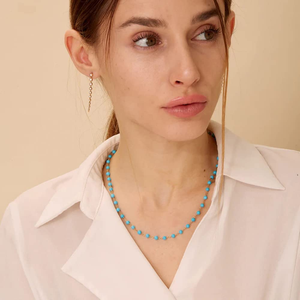 POTESSA Turquoise Beaded Choker Necklace 18K Gold Plated Beaded Tiny Chain Bohemian Hawaiian Jewelry for Women
