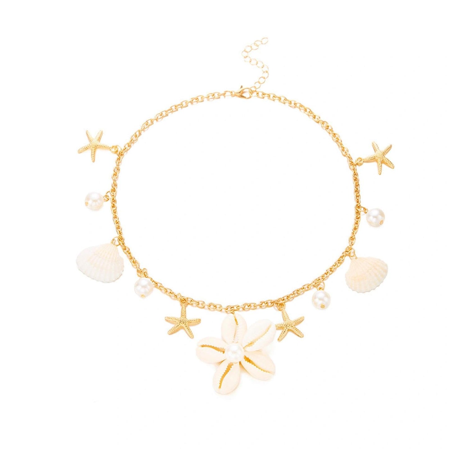Gold Starfish Seashell Flower Charms Necklace for Women, Boho Adjustable Pearl Chain Choker Necklace Vintage Beachy Statement Jewelry Vacation Gifts (White)