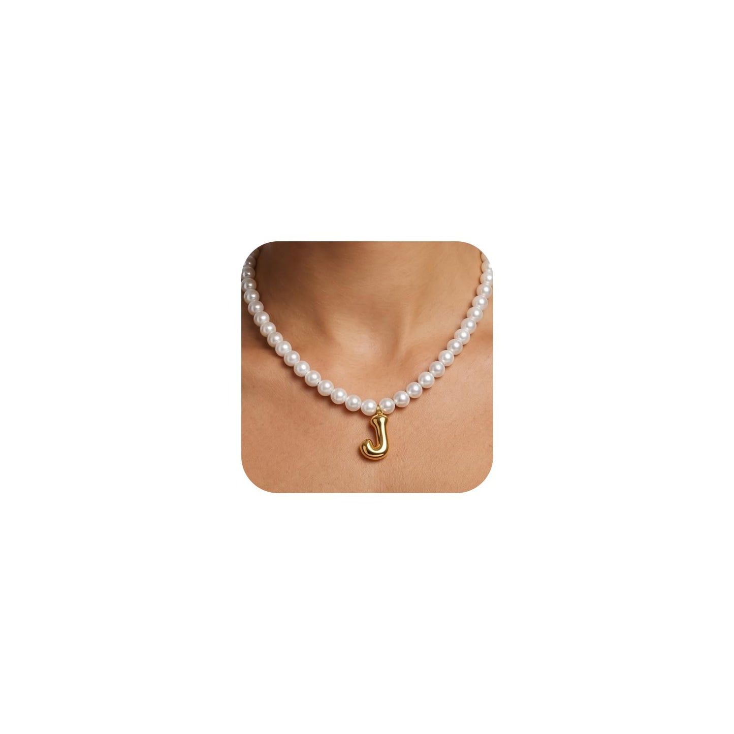 DoDoBeads Pearl Initial Necklace, 18K Gold Plated Stainless Steel Balloon Letter Pendant J, Non-Tarnish Waterproof Chunky Monogram Jewelry Gifts for Women Teens