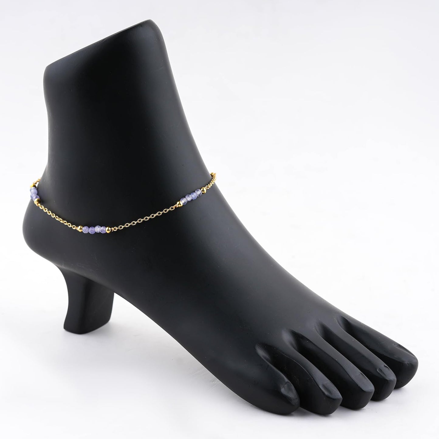 CRYSTALINES Natural Blue Tanzanite Gemstone Beads, Handmade Station Dangle Star Charms Anklet, 14K Gold Plated, Adjustable Fashion Boho Jewelry for Women, Healing Crystals, Christmas Gift