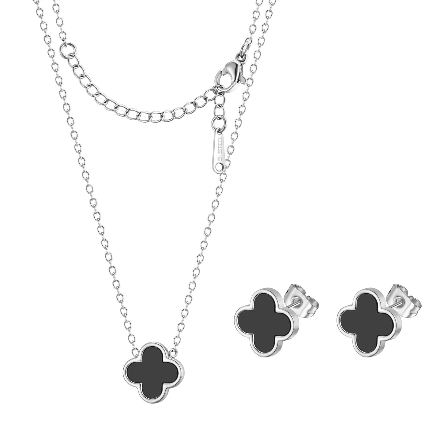 KYJAC Clover Jewelry Set - Necklace and Stud Earrings, 18k Gold Plated Four Leaf Pendant, White Black Red, Silver Black Set - Gifts for Women