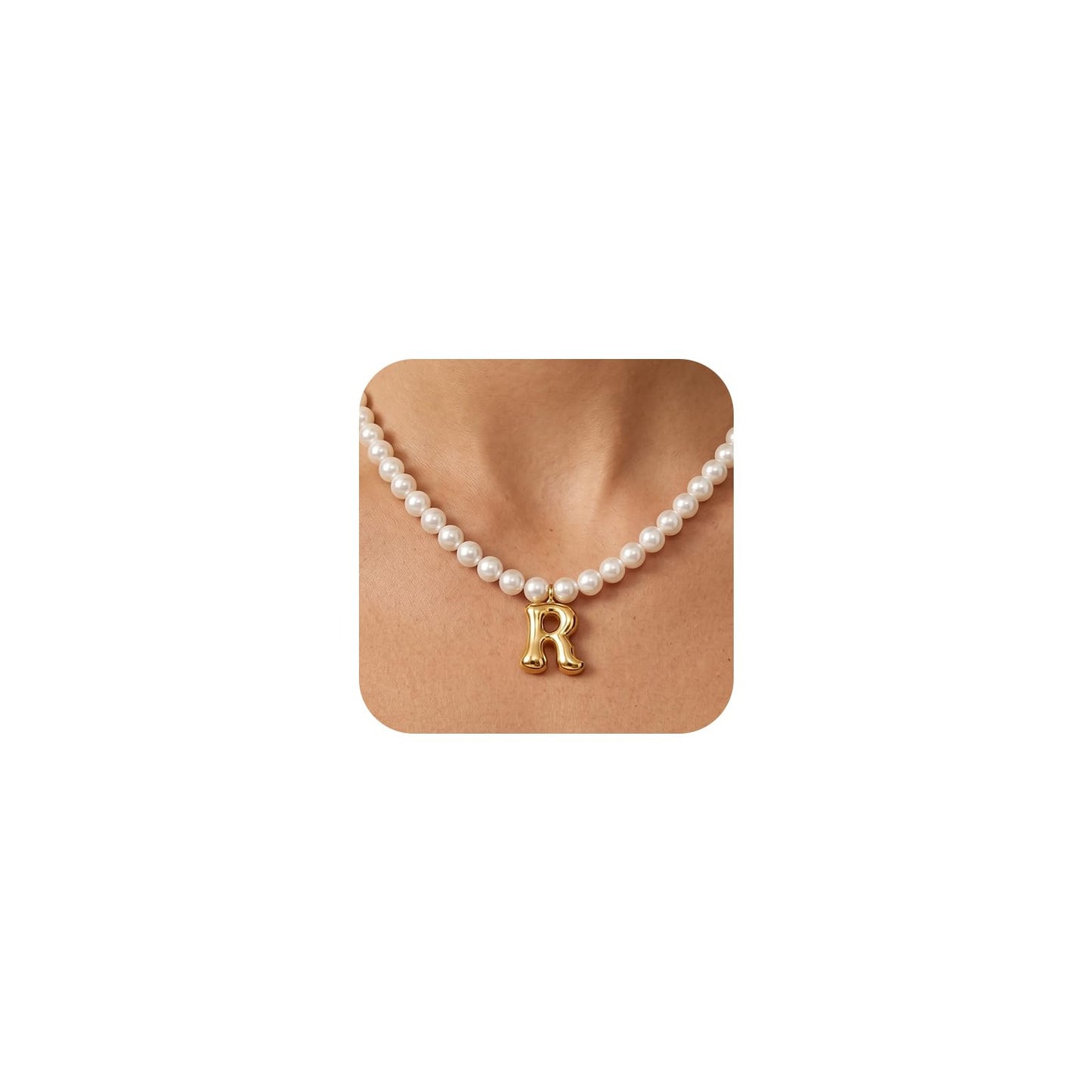 DoDoBeads Pearl Initial Necklace, 18K Gold Plated Stainless Steel Balloon Letter Pendant R, Non-Tarnish Waterproof Chunky Monogram Jewelry Gifts for Women Teens