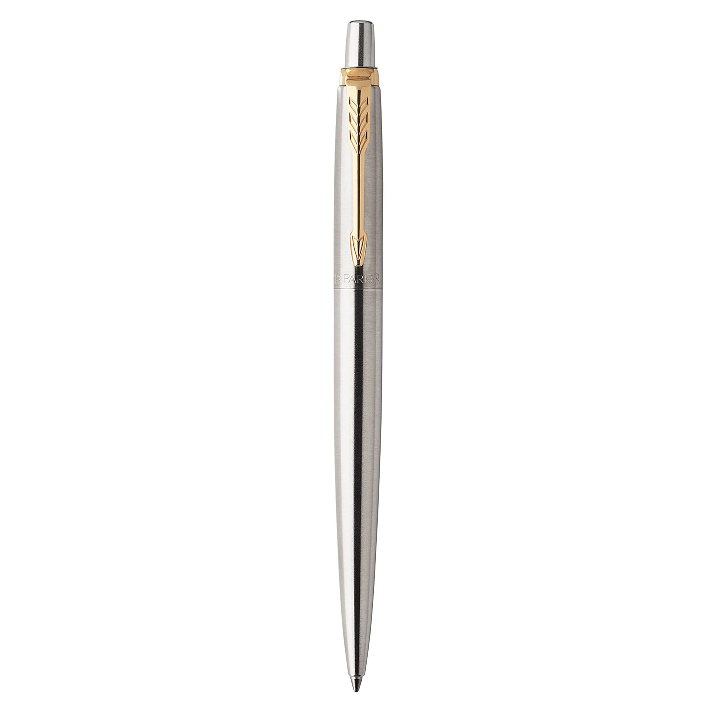 Parker Jotter Ballpoint Pen, Stainless Steel with Golden Trim, Medium Point, Blue Ink, Gift Box - Smooth Writing, Sleek, Polished, Professional, Desk Essentials