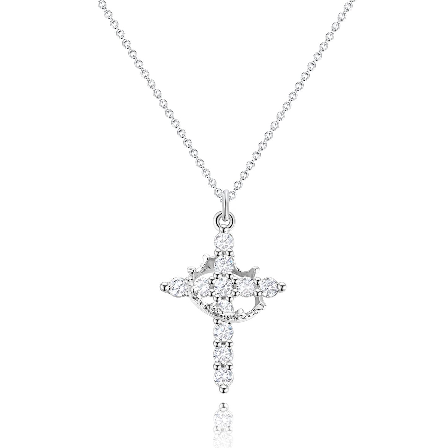 Robaice Silver Cross Necklace for Women, Sterling Silver Plated Crown Cross Pendant Necklace Cross Necklaces Faith Jewelry First Communion Necklace, Silver