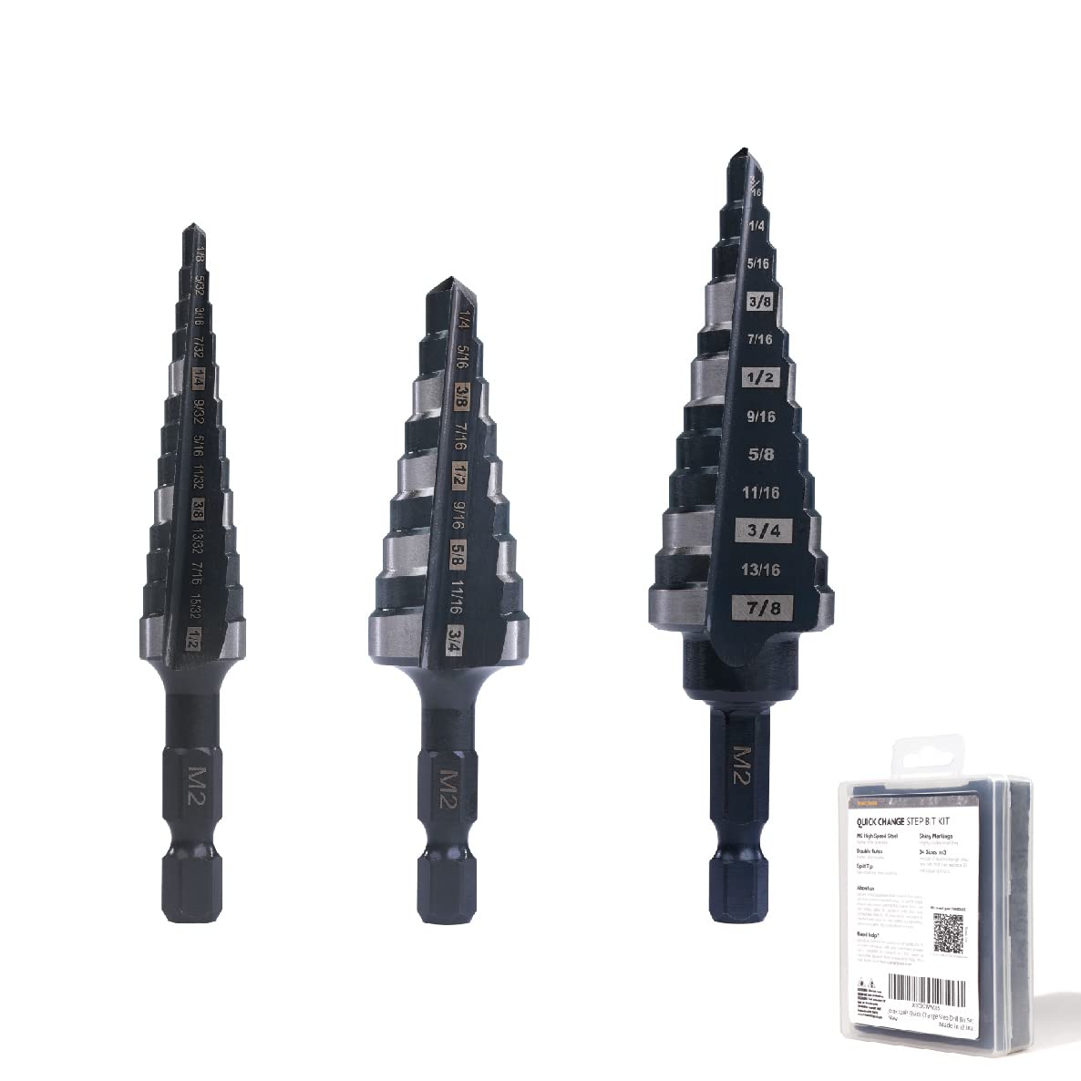 Jerax tools M2 HSS Quick Change 1/2", 3/4" & 7/8" Step Drill Bit Set Double Fluted Drill Bits for Hole Drilling in Stainless Steel, Copper, Aluminum, Wood, Plastic