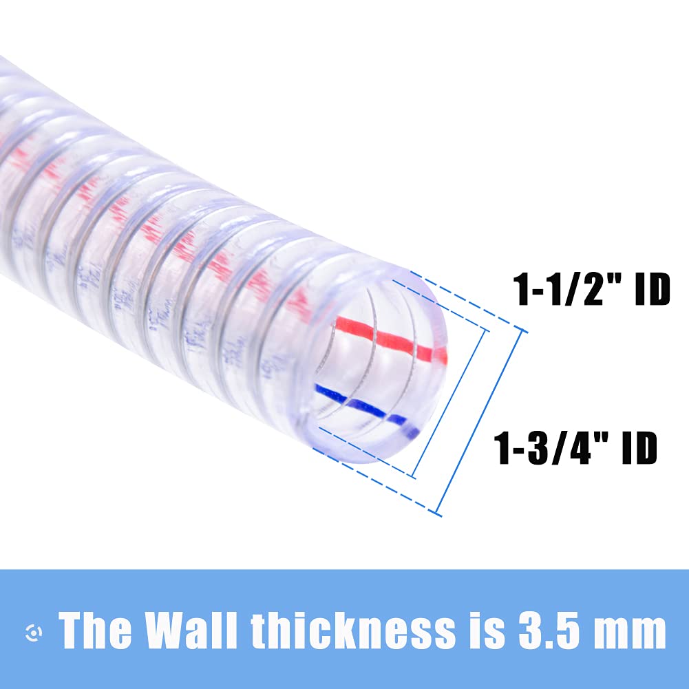QuQuyi 1-1/2 Inch ID x 1-3/4 Inch OD Heavy-Duty Steel Wire Suction PVC Flexible Tubing High Pressure UV Chemical Resistant Thick Vinyl Hose Tube, 3.3 FT