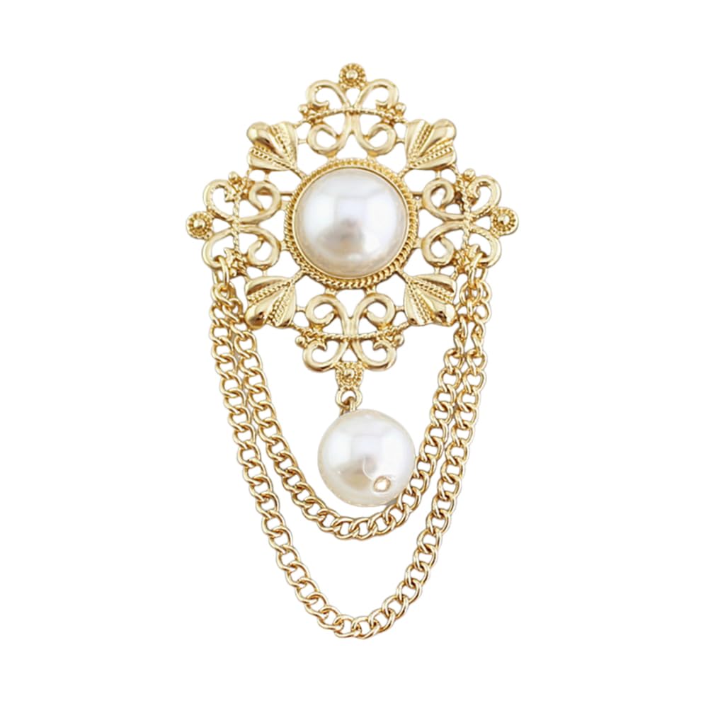 Vintage Round Simulated Pearl Filigree Flower Chain Tassel Brooches Lapel Pins for Women Party Dance Banquet Dainty Boho Dangle Drop Pin Dress Suit Clothes Accessories Jewelry (White)